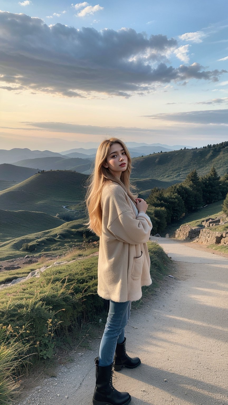 A solo blonde-haired girl stands confidently in a scenic landscape, her long locks blowing gently in the breeze as she gazes out at the expansive sky filled with fluffy clouds. She wears rugged boots that add to her adventurous aura, surrounded by the serene and unspoiled natural beauty of the day.