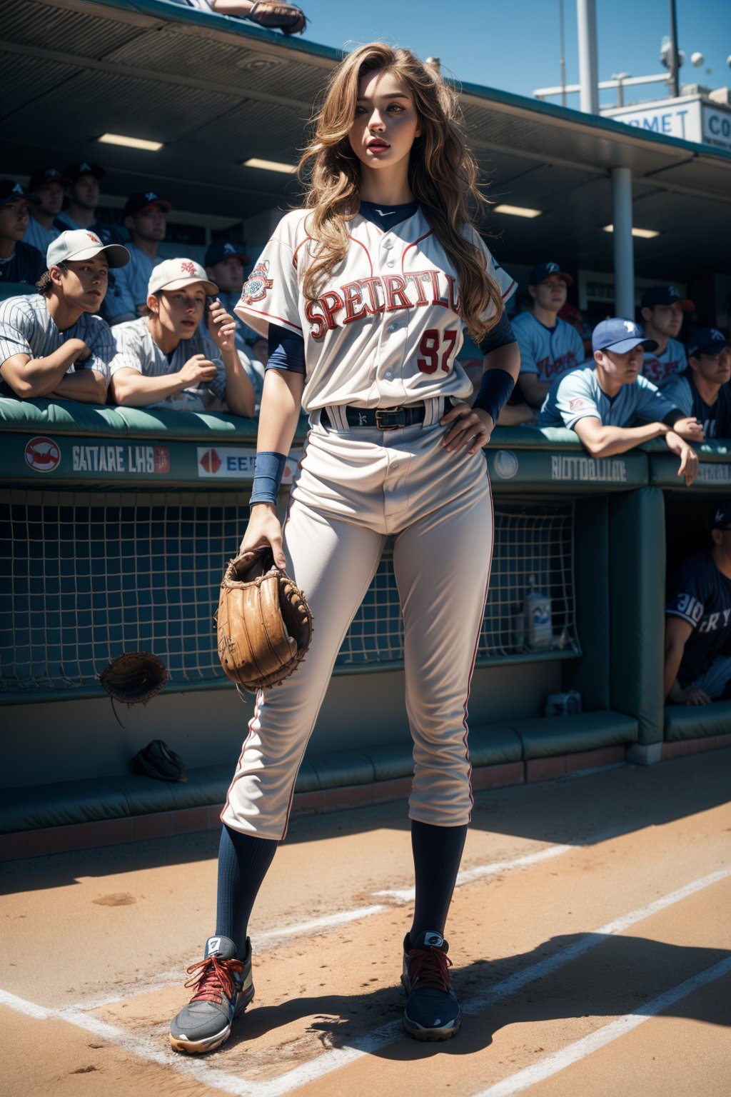 full body portrait of a (photorealistic beautiful woman), (spectating a baseball game:1.5), hands in pockets:1.25, staring at camera in front, intense coloration fantasy, light hair, random colored hair, random color eyes, full body, cover, Bar lighting,  complex, 8k resolution concept art portrait,  hyperrealistic cover photo 
 realistic, cinematic, real-life human,missionary,

1man, sex, pussy