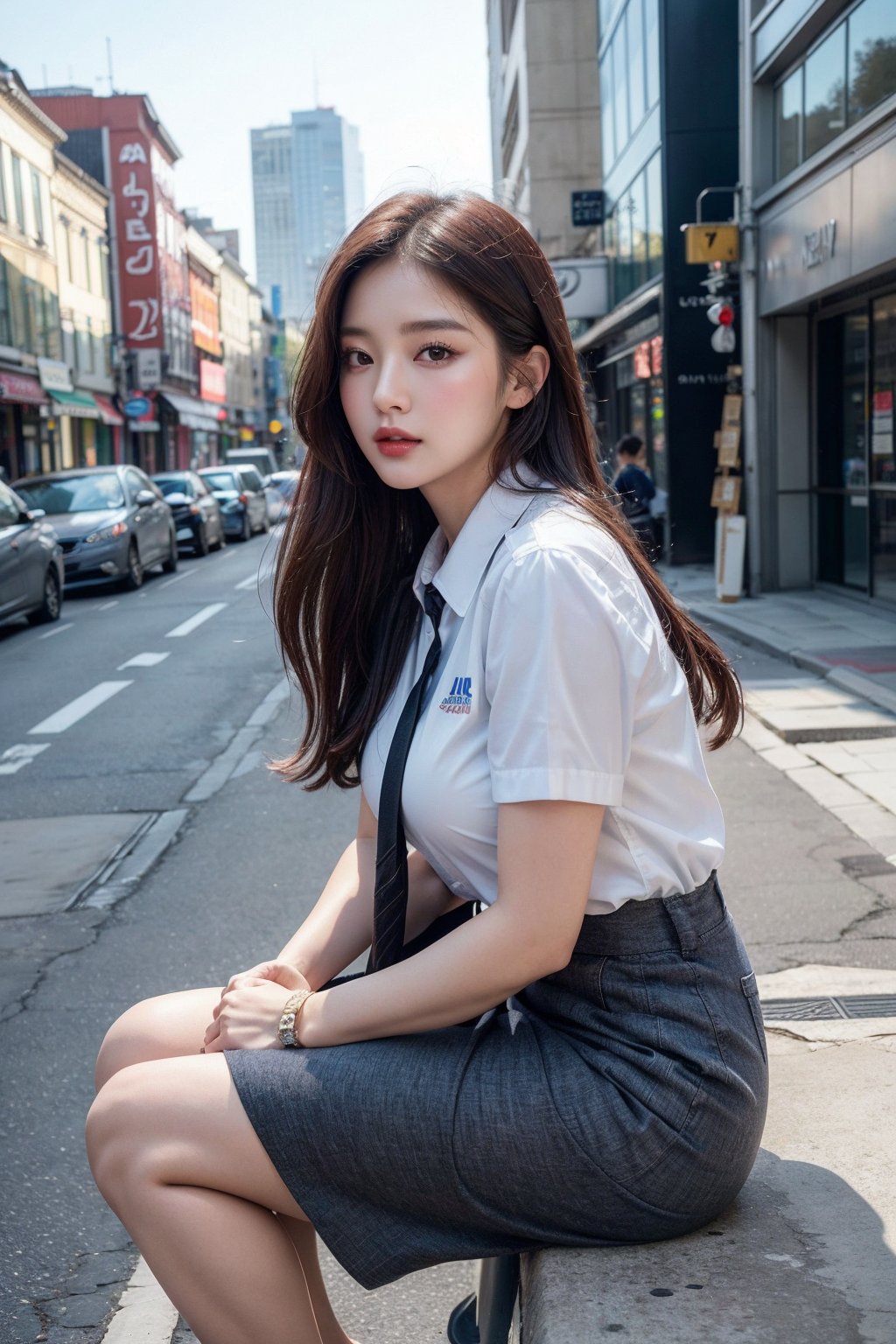 (Best quality, 8k, 32k, masterpiece, UHD:1.2), pretty korea woman photo, 1woman, Highest quality, highest quality, today's work look, daily look, everyday clothes, background is urban background, morning city, clean city, Korea, Korean lady, Korean beauty, Korean office worker