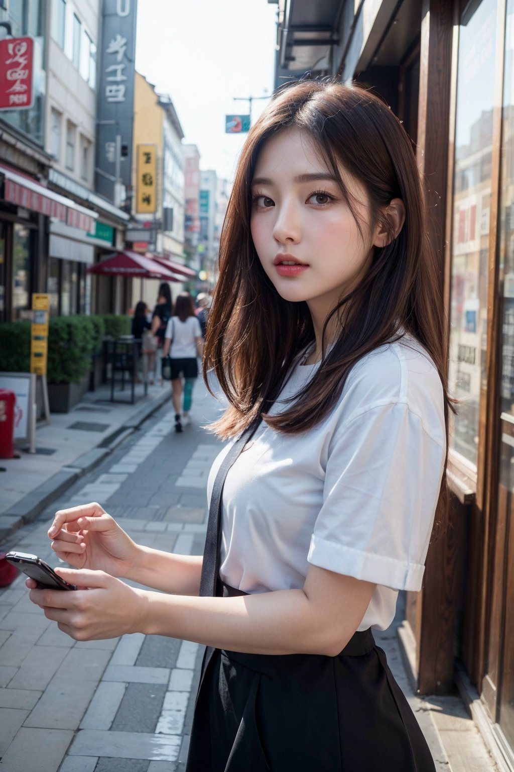 (Best quality, 8k, 32k, masterpiece, UHD:1.2), pretty korea woman photo, 1woman, Highest quality, highest quality, today's work look, daily look, everyday clothes, background is urban background, morning city, clean city, Korea, Korean lady, Korean beauty, Korean office worker