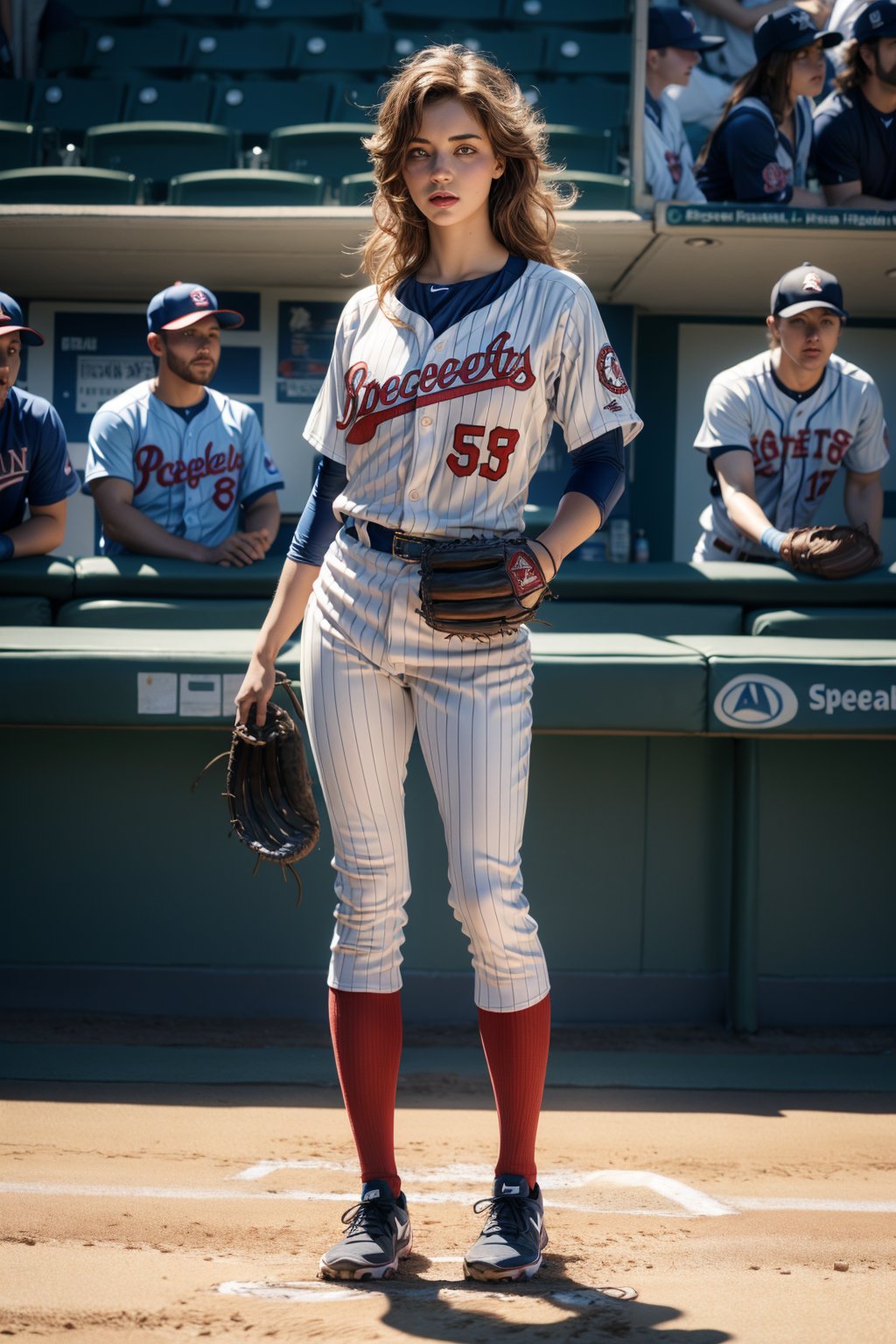 full body portrait of a (photorealistic beautiful woman), (spectating a baseball game:1.5), hands in pockets:1.25, staring at camera in front, intense coloration fantasy, light hair, random colored hair, random color eyes, full body, cover, Bar lighting,  complex, 8k resolution concept art portrait,  hyperrealistic cover photo 
 realistic, cinematic, real-life human,missionary,

1man, sex, pussy
