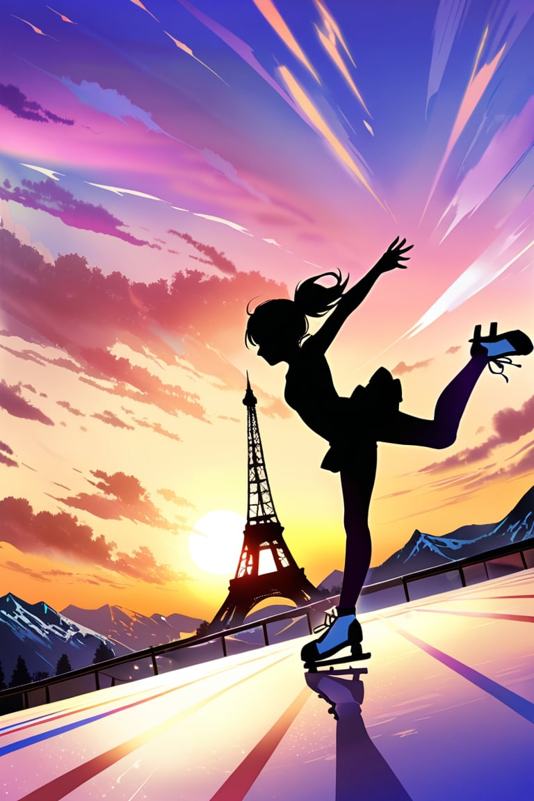 A young Asian athlete in mid-skate glide across the smooth, gleaming skating rink, bathed in the warm glow of vibrant stadium lights overhead. Her agile movements shine as she effortlessly showcases her impressive skills amidst a breathtaking backdrop: the Eiffel Tower's iconic silhouette rises above the French landscape, while the Italian Alps' majestic peaks stretch towards the sky, framing this talented tween's moment of triumph.