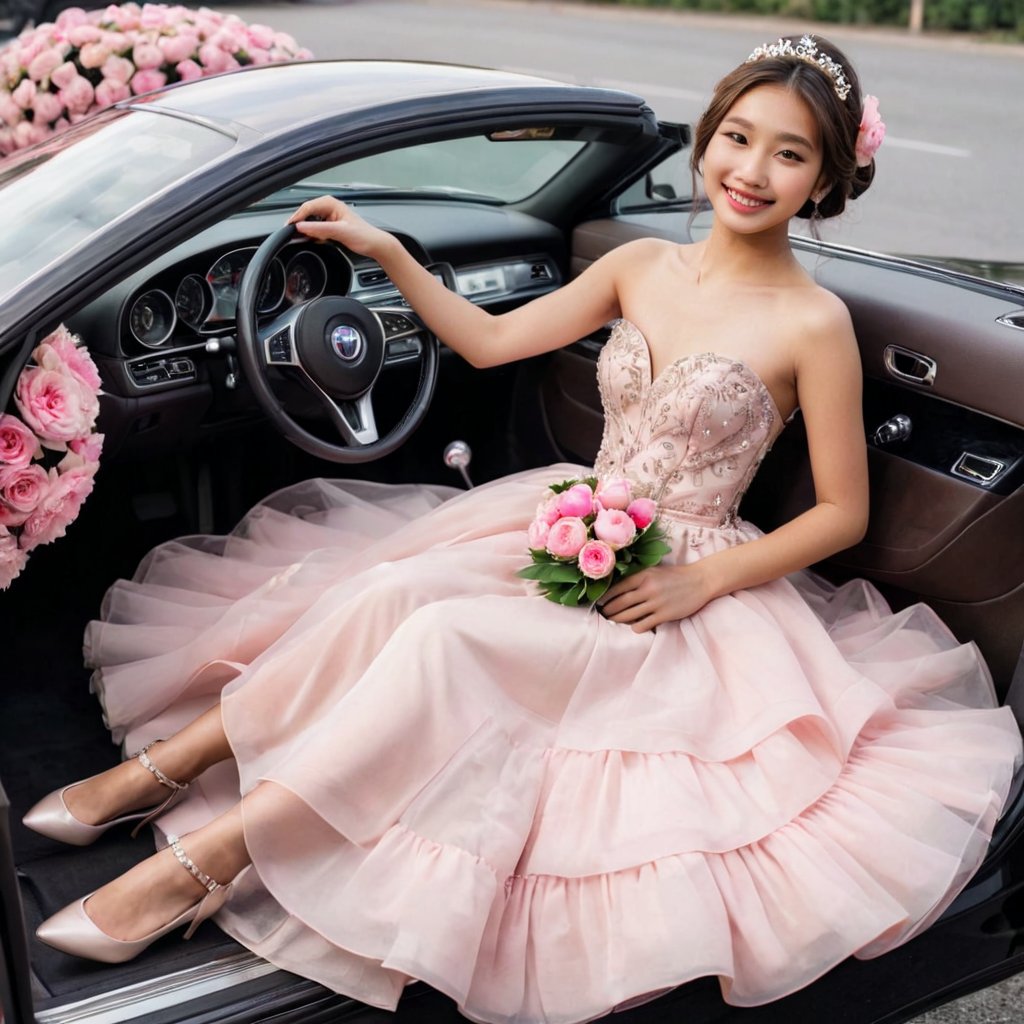 Full body shot of a small skinny pretty 20-year-old Asian waif like girl head to toe wearing head flowers and detailed pink ball long gown, long brown updo hair, shy smiles, legs together, hands on lap, casually reclining in front view deep in long black car with flower decorations. Magazine cover with text saying "Evening gown",  More Reasonable Details