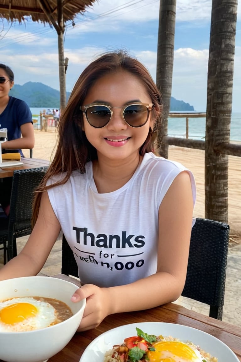 Realistic full body photo of a slender Thai pretty young tween girl wearing sunglasses and a casual shirt with text "Thanks for 100", with long straight hair sitting at a breakfast table in an outdoor restaurant over rice meal and coffee, one hand holding a signboard with text saying "Thanks for 100 likes" text, (((photorealism:1.4))), best quality, photography QUALITY, 8k, small smile while mouth closed, hair clip, overlooking the sea