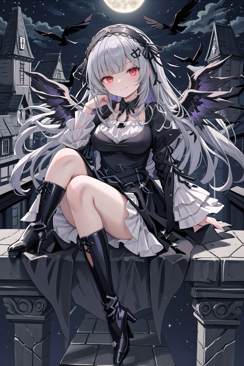 score_9, score_8_up, score_7_up, women, suigintou, solo, long hair, red eyes half closed, arrogant smile, dress, boots, long sleeves, grey hair, gothic hairband, black footwear, frills, bangs, black long dress , dress with drawing large white crosses on the edges, gothic dress, smiling, confident smile, closed mouth, black ribbon, high quality, late, black neck ribbon is tied around her neck, wearing tight boots, full leg boots, with high heels, clothes with purple highlights , high lights, light aura, wings, black plumage, wings with black plumage, sitting quietly on the edge of a building watching the full moon, night with a star, full moon, wings, black plumage, flower hair ornament, black wings