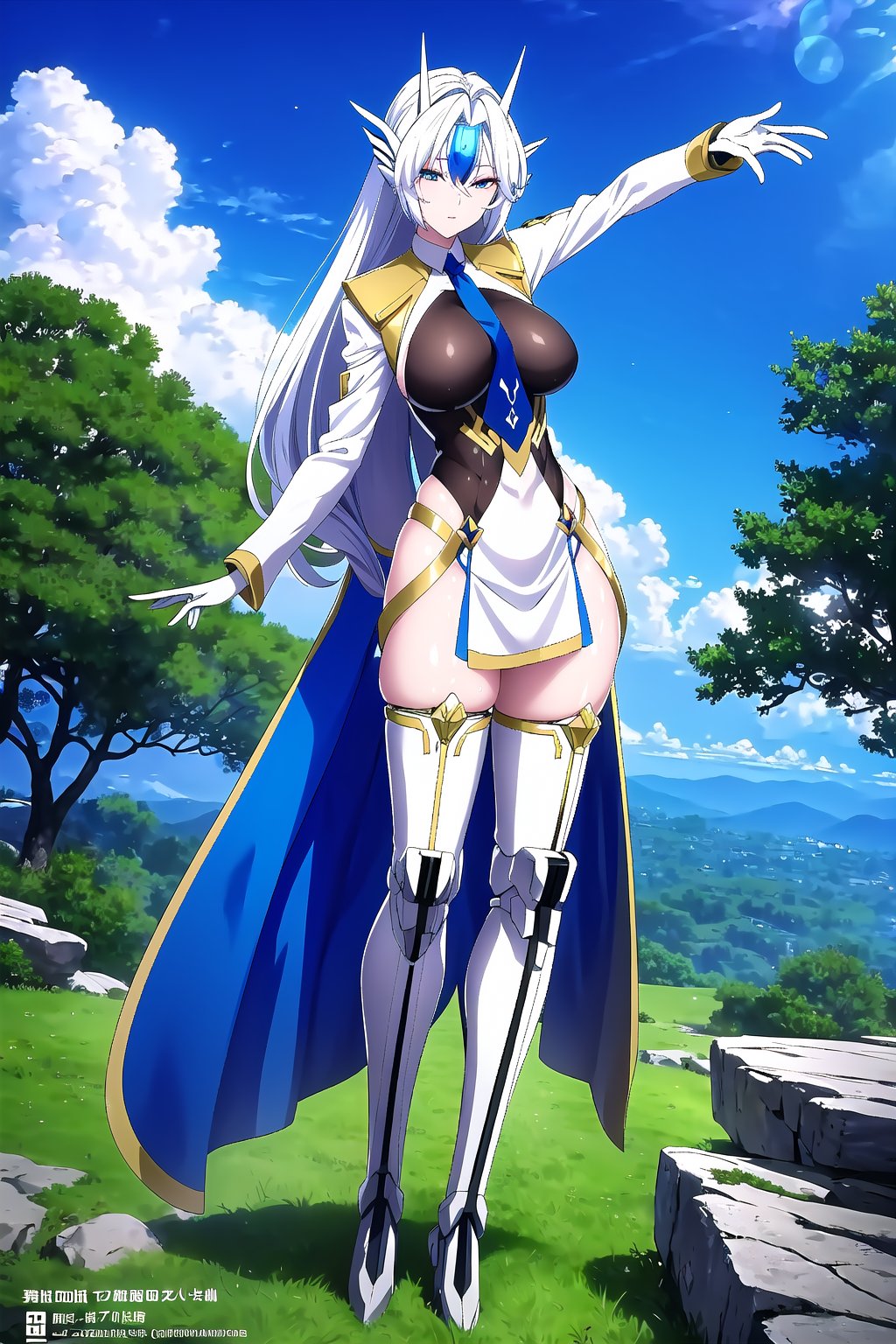 Here's a high-quality image prompt based on your input:

In a majestic mountainous landscape reminiscent of Siam, a mecha musume with exaggeratedly long hair and two-toned locks flows through the air. The character dons a sleek full-body suit adorned with armor plating and a crotch plate, with rounded foot tips. Multiple floating swords, each with only one edge and a subtle curvature, hover beside him in groups of three on either side. The swords maintain a deliberate separation from their handles, creating an intriguing visual dynamic.

The mecha musume's glowing skin and bright eyes seem almost ethereal against the vibrant blue sky dotted with fluffy clouds. In the distance, lush forests with leafy trees, rocks, moss, and various plants stretch towards the horizon. To complete this breathtaking scene, the character wears white gloves, a flowing skirt, thigh-highs, long sleeves, and a stylish necktie that subtly hints at a darker persona beneath the surface.,MKO,floating weapon,blade, perfect outline, perfect drawing, perfect looking image, A group of floating swords are at his sides