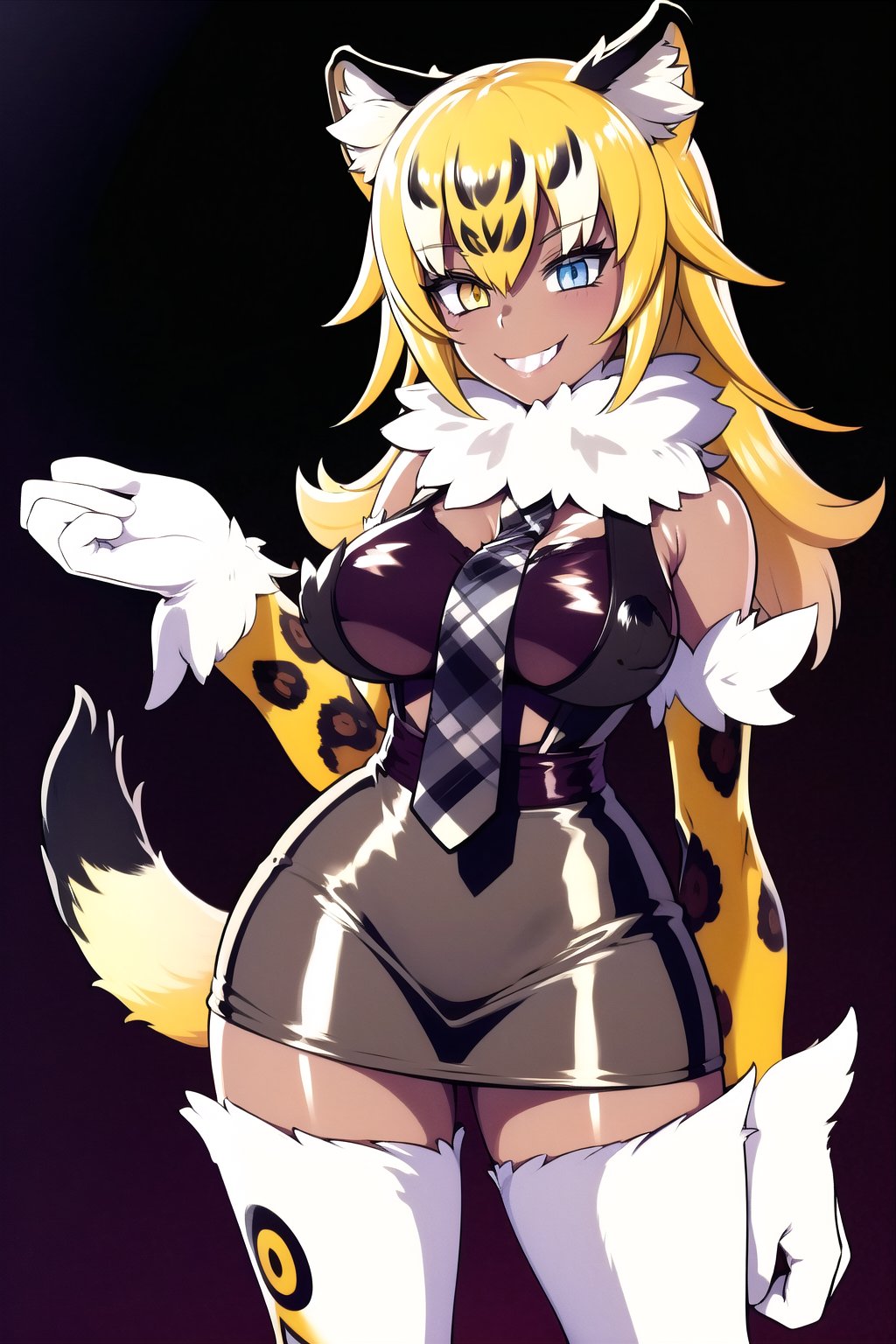 an SMD doll with a smile made  of shiny latex waving, long hair, ocelomeh, dark skin, animal hands, animal ears,cat ears,  slit pupils, tail, multicolored hair, blonde hair and yellow, grey_wolf, animal ears, wolf ears, long hair, heterochromia, white hair, wolf girl, wolf tail, tail, fur collar, long sleeves, necktie, gloves, large breasts, white gloves, skirt

, thighhighs