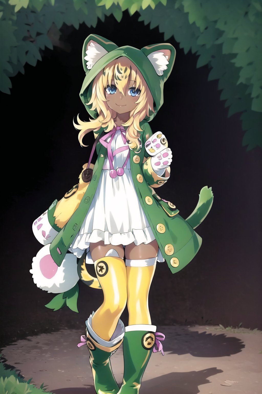 an SMD doll with a smile made  of shiny latex waving, long hair, ocelomeh, dark skin, animal hands, animal ears,cat ears,  slit pupils, tail, multicolored hair, blonde hair and yellow, thighhighs,1girl,blue hair,blue eyes,raincoat,hood up,open green coat,lop rabbit ears,detached sleeves,white dress,rabbit puppet,looking at viewer,(🌁),green boots,pink ribbon