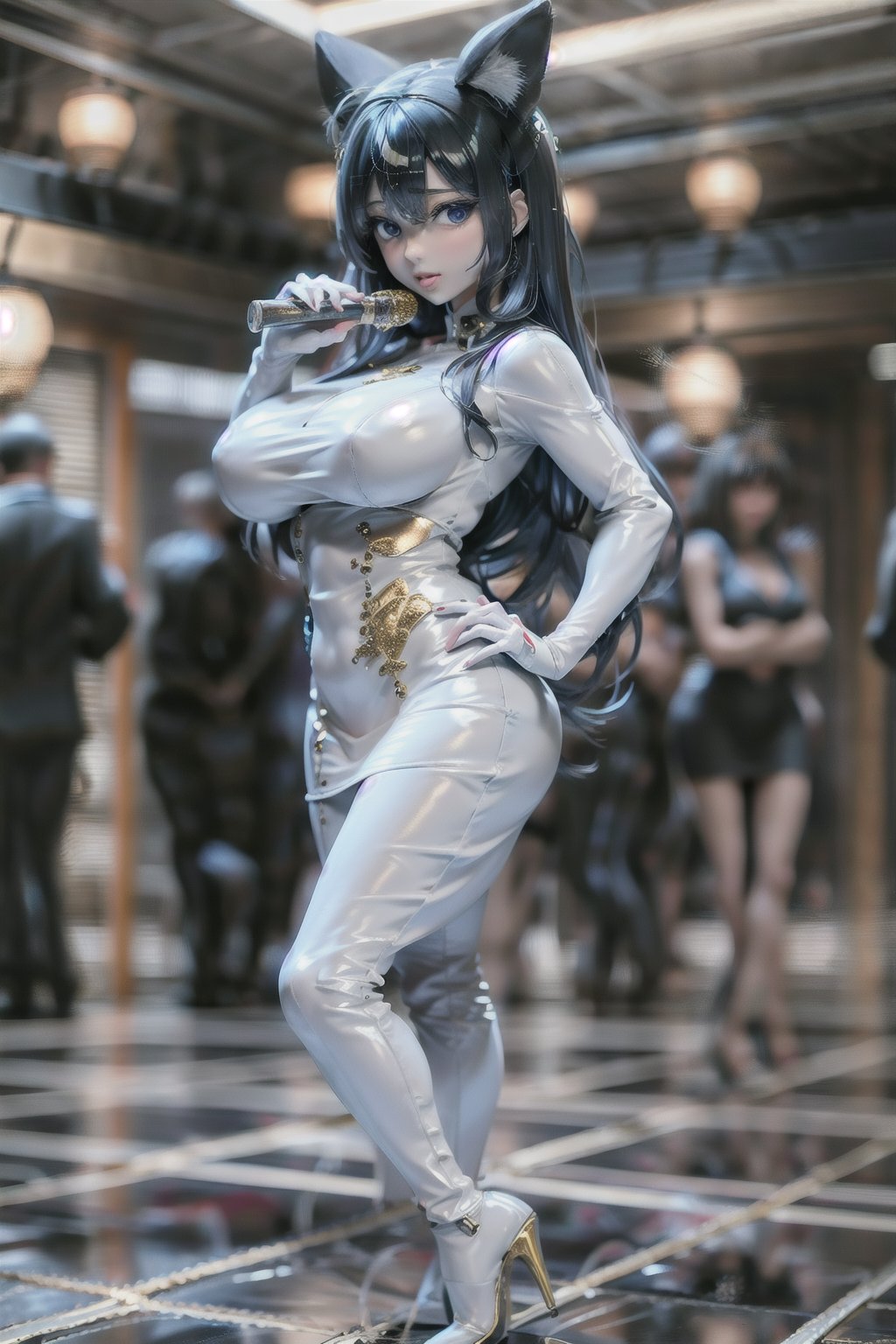 A sultry woman with a wolf ears and long and black hair with blue tips poses confidently in a vibrant gold latex Qipao dress, her full figure accentuated by the tight garment. She stands tall, her high heels clicking on the polished floor as she strikes a sassy pose, one hand resting on her hip and the other holding a champagne flute. The lighting is dramatic, with a bright spotlight highlighting her curves against a dark background.(sparkling coralbone)