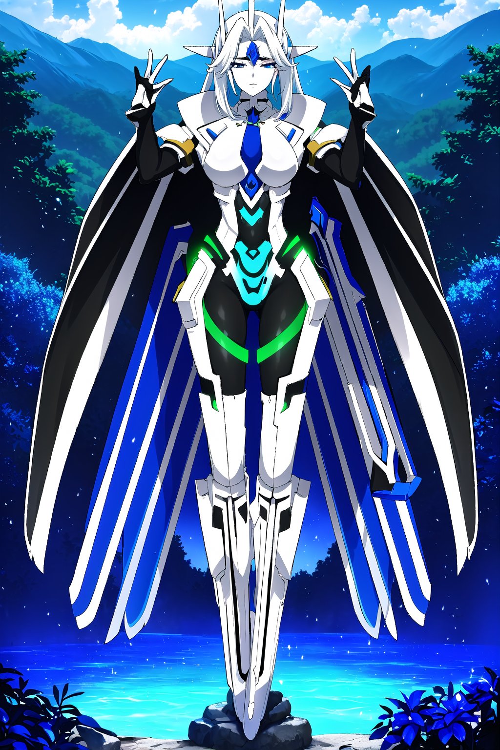 Here's a high-quality image prompt based on your input:

In a majestic mountainous landscape reminiscent of Siam, a mecha musume with exaggeratedly long hair and two-toned locks flows through the air. The character dons a sleek full-body suit adorned with armor plating and a crotch plate, with rounded foot tips. Multiple floating swords, each with only one edge and a subtle curvature, hover beside him in groups of three on either side. The swords maintain a deliberate separation from their handles, creating an intriguing visual dynamic.

The mecha musume's glowing skin and bright eyes seem almost ethereal against the vibrant blue sky dotted with fluffy clouds. In the distance, lush forests with leafy trees, rocks, moss, and various plants stretch towards the horizon. To complete this breathtaking scene, the character wears white gloves, a flowing skirt, thigh-highs, long sleeves, and a stylish necktie that subtly hints at a darker persona beneath the surface.,CRF,corruption,dark persona,MKO,floating weapon,blade