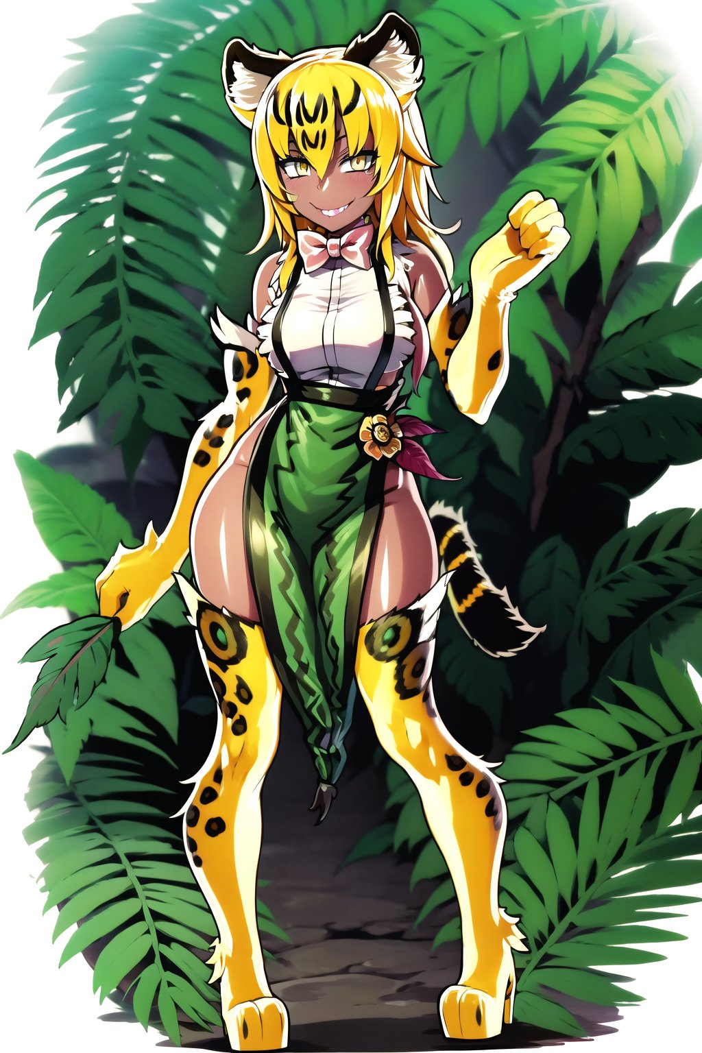 an SMD doll with a smile made  of shiny latex waving, long hair, wearing a pompous dress  made of polished latex, wearing very tight high-heeled boots, soles and heels made of polished latex, long, leafy forest in the background, ocelomeh, dark skin, animal hands, animal ears, slit pupils, tail, multicolored hair, blonde hair and yellow, Serval, animal ears, short hair, serval print, tail, gloves, shirt, bow, bowtie,elbow gloves, print bow, print bowtie, sleeveless, skirt, white shirt, sleeveless shirt, bare shoulders,serval