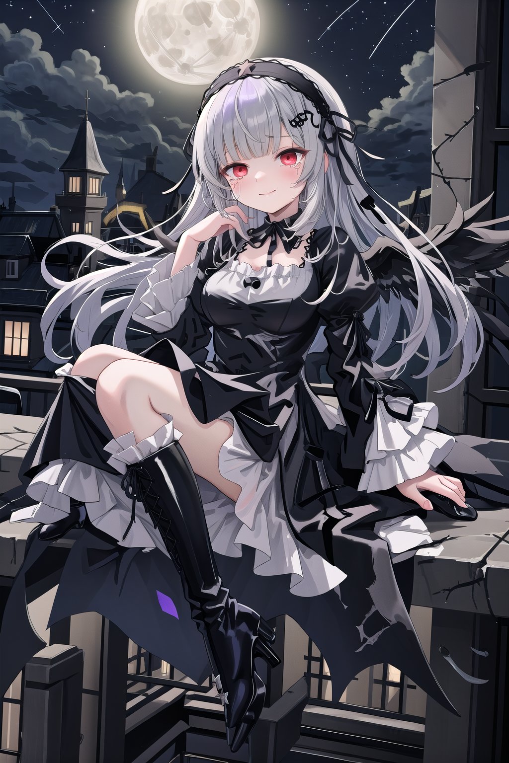 score_9, score_8_up, score_7_up, women, suigintou, solo, long hair, red eyes half closed, expression of sadness, tears, crying, dress, boots, long sleeves, grey hair, gothic hairband, black footwear, frills, bangs, black long dress , dress with drawing large white crosses on the edges, gothic dress, smiling, confident smile, closed mouth, black ribbon, high quality, late, black neck ribbon is tied around her neck, wearing tight boots, full leg boots, with high heels, clothes with purple highlights, black plumage, wings with black plumage, sitting quietly on the edge of a building watching the full moon, night with a star, full moon, wings, black plumage, flower hair ornament, black wings, sui1