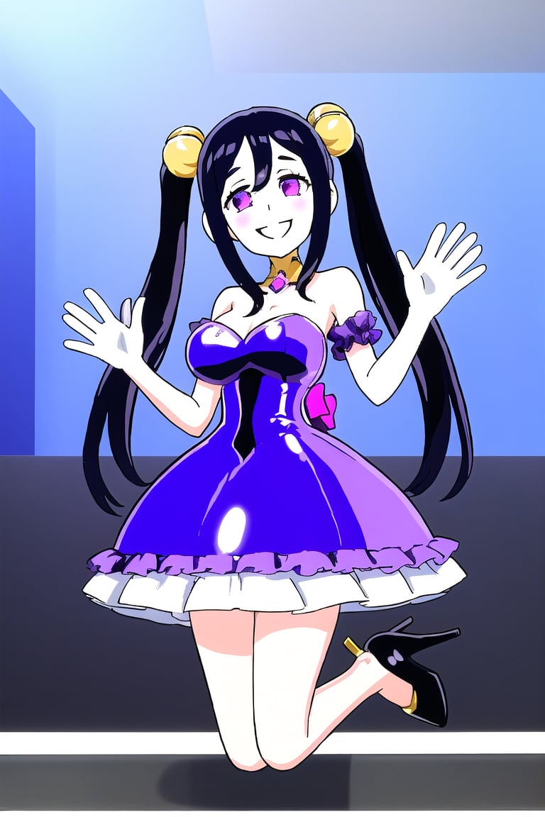 an SMD doll with a big smile made  of shiny latex waving ,long twin tails, high heels and dress,albedo \(overlord\)