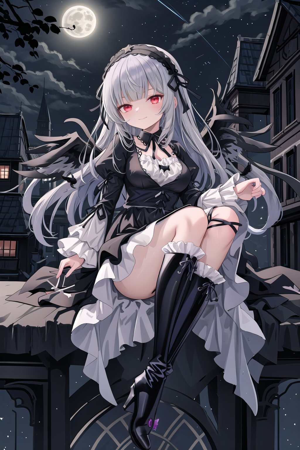 score_9, score_8_up, score_7_up, women, suigintou, solo, long hair, red eyes half closed, arrogant smile, dress, boots, long sleeves, grey hair, gothic hairband, black footwear, frills, bangs, black long dress , dress with drawing large white crosses on the edges, gothic dress, smiling, confident smile, closed mouth, black ribbon, high quality, late, black neck ribbon is tied around her neck, wearing tight boots, full leg boots, with high heels, clothes with purple highlights , high lights, light aura, wings, black plumage, wings with black plumage, sitting quietly on the edge of a building watching the full moon, night with a star, full moon, wings, black plumage, flower hair ornament, black wings