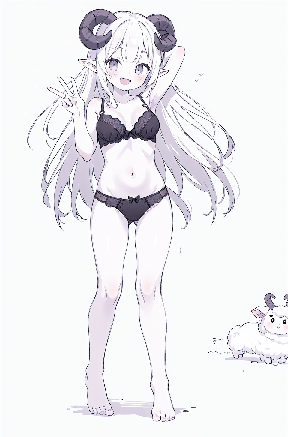 1girl, solo, long hair, breasts, looking at viewer, blush, smile, open mouth, simple background, white background, navel, medium breasts, very long hair, underwear, standing, panties, monochrome, full body, hand behind head, greyscale, horns, barefoot, pointy ears, bra, arm up, underwear only, bow panties, curled horns, sheep horns, sheep girl, peace sign