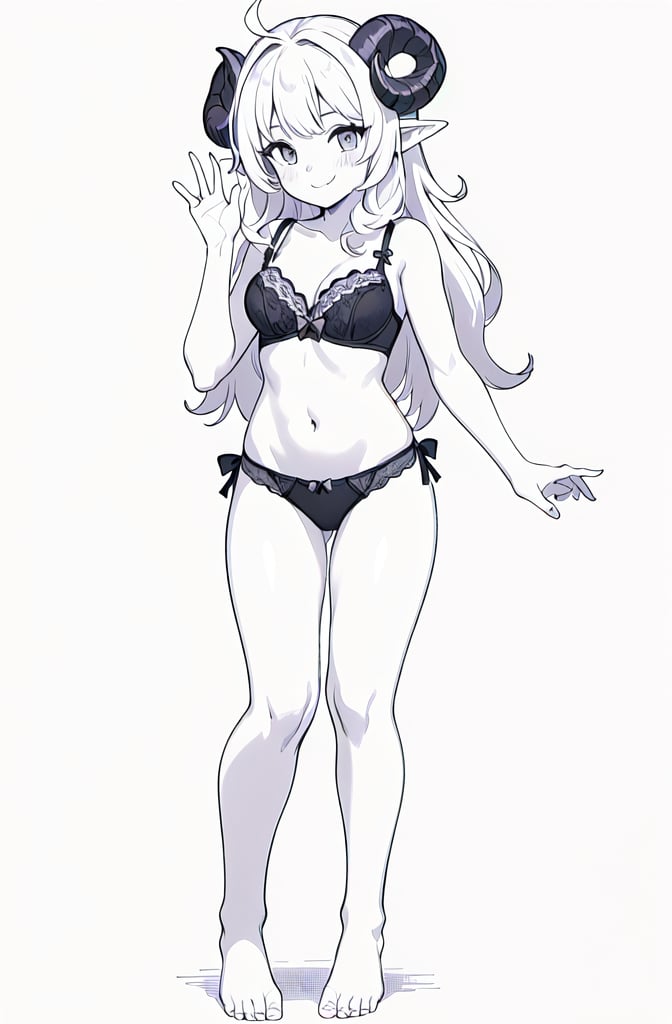 1girl, solo, long hair, breasts, looking at viewer, blush, smile, bangs, simple background, white background, bow, navel, cleavage, bare shoulders, medium breasts, very long hair, closed mouth, underwear, standing, collarbone, panties, monochrome, full body, greyscale, horns, barefoot, pointy ears, hand up, bra, black panties, bare arms, bare legs, underwear only, black bra, bow panties, curled horns, sheep horns