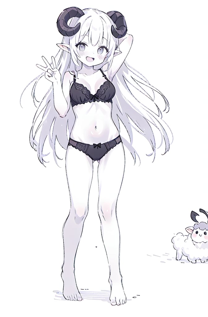 1girl, solo, long hair, breasts, looking at viewer, blush, smile, open mouth, simple background, white background, navel, medium breasts, very long hair, underwear, standing, panties, monochrome, full body, hand behind head, greyscale, horns, barefoot, pointy ears, bra, arm up, underwear only, bow panties, curled horns, sheep horns, sheep girl, peace sign