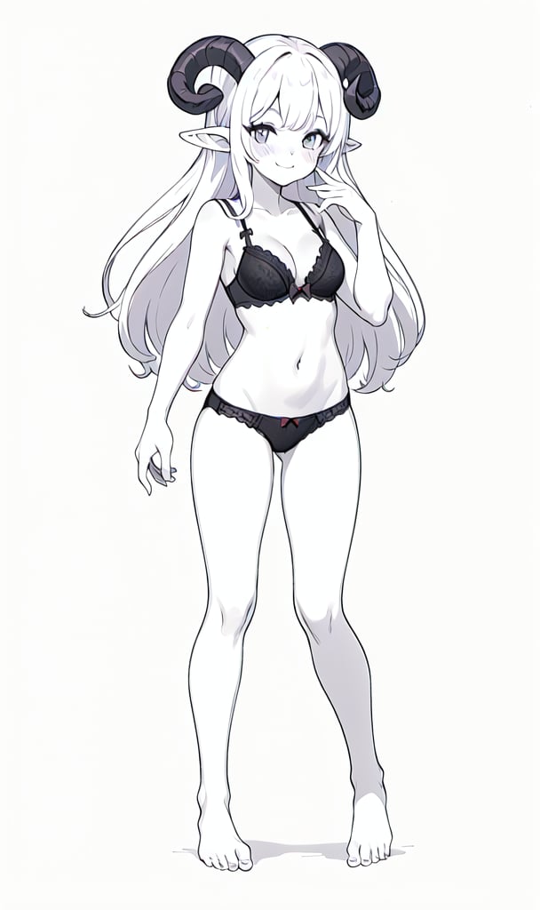 1girl, solo, long hair, breasts, looking at viewer, blush, smile, bangs, simple background, white background, bow, navel, cleavage, bare shoulders, medium breasts, very long hair, closed mouth, underwear, standing, collarbone, panties, monochrome, full body, greyscale, horns, barefoot, pointy ears, hand up, bra, black panties, bare arms, bare legs, underwear only, black bra, bow panties, curled horns, sheep horns