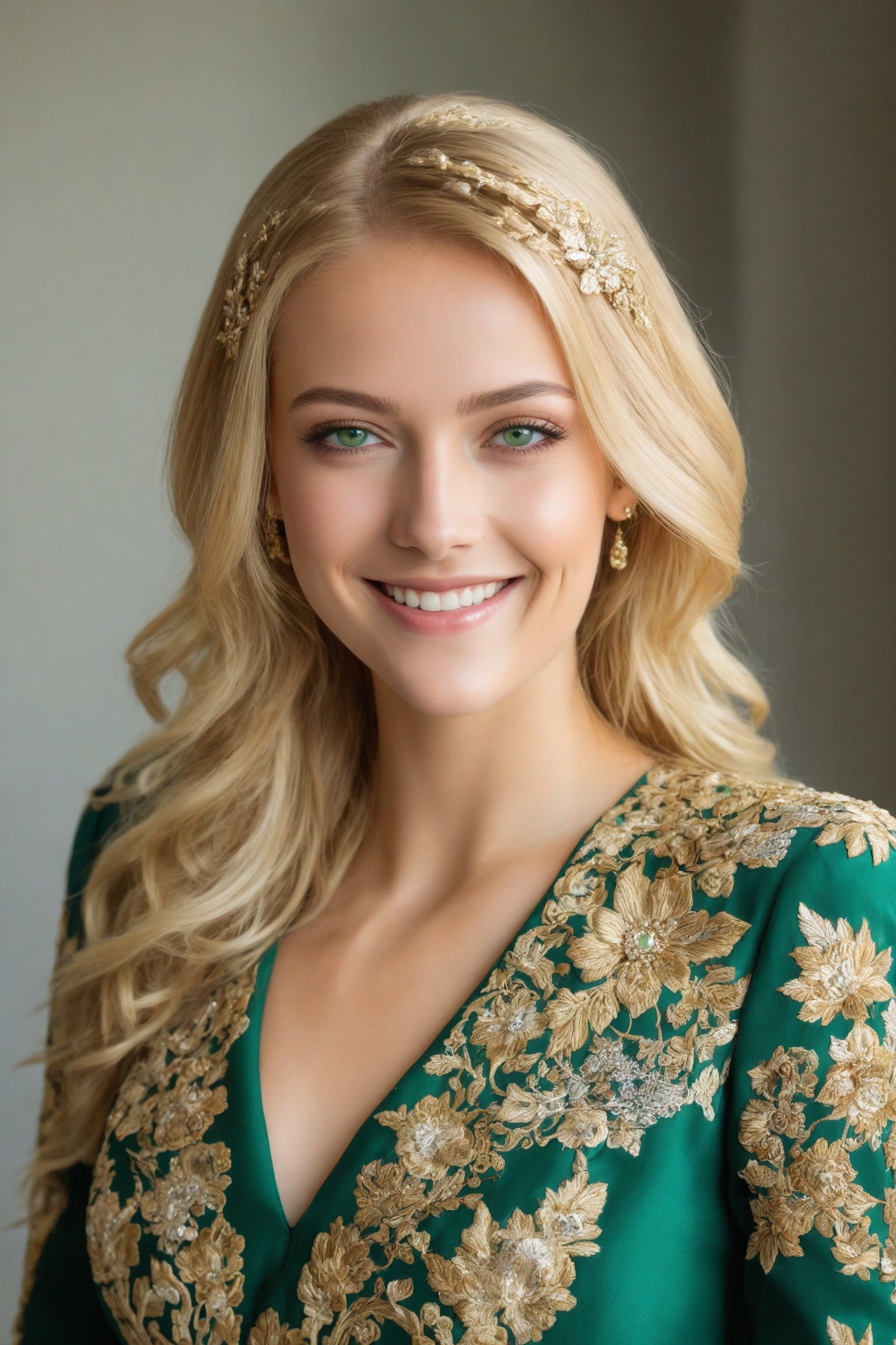 A woman of german descent, beautiful blonde hair, green eyes, perfect beauty, wearing a beautiful executive suit. The dress is intricately embroidered in gold and jewels. smile full of happiness,emo