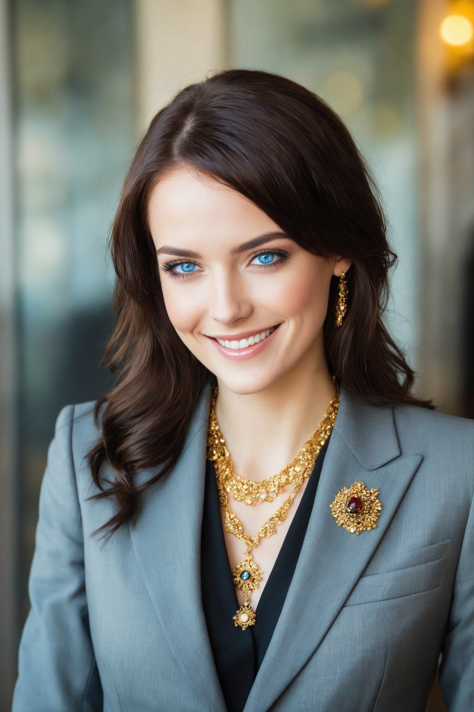 A woman of german descent, beautiful brunette hair, blue eyes, perfect beauty, wearing a beautiful business woman suit. The wears a lot of jewlry of gold and precious gems. smile full of happiness,emo