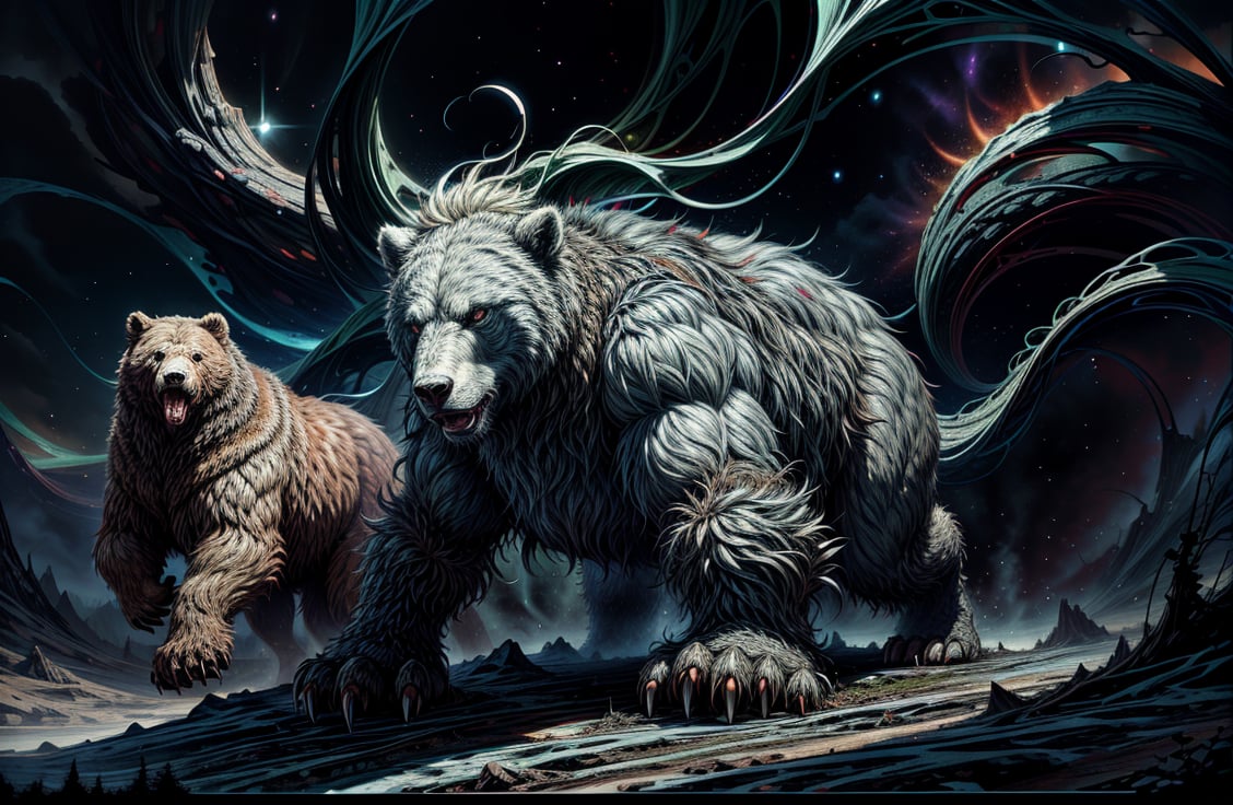 Here's a text description for an AI art generator:

"Create an intense digital artwork depicting a massive bear charging directly at the viewer.

Key elements:

- A large, ferocious bear (e.g. grizzly or polar) in mid-charge, with fur fluffed up and eyes blazing
- The bear's body is covered in glowing green runes, pulsing with an otherworldly energy
- The runes are intricate and seem to shift and move like vines or tendrils
- The background is dark and blurred, with hints of forest or mountainous terrain
- The bear's fur and muscles are detailed and textured, with a sense of power and motion
- The overall mood is fierce, dynamic, and slightly mystical

Style:

- Fantasy/Mythology
- Dynamic, high-energy composition
- Vibrant, glowing colors (especially the green runes)
- Detailed textures and fur"