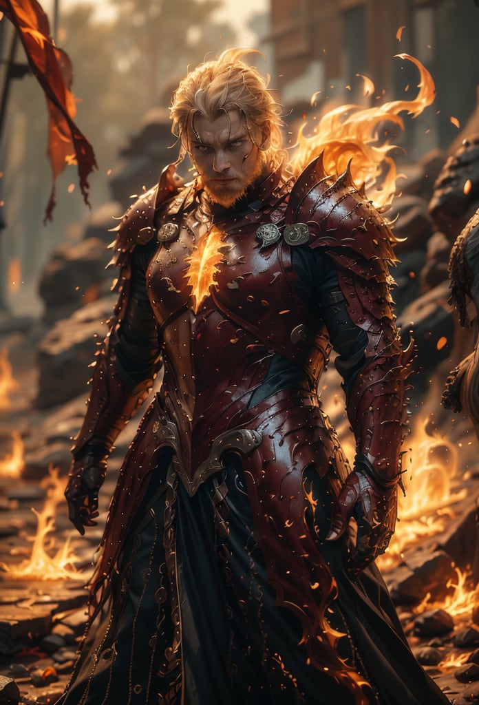 Photorealistic image, middle aged male, masculine male pyromancer, hulking body frame, muscular,(extremely detailed 8K wallpaper), masterpiece 16k photo, medium shot, bright green eyes, red beard, long hair braided in intricate patterns , thick bushy ginger breard, slightly chubby body, intricate detailed crimson and bronze themed fantasy armor, a fiery aura surrounds him, huge billows of mystical flame surround him flowing from his hands , flaming village in chaos as the background, dynamically shaded, professional lighting,