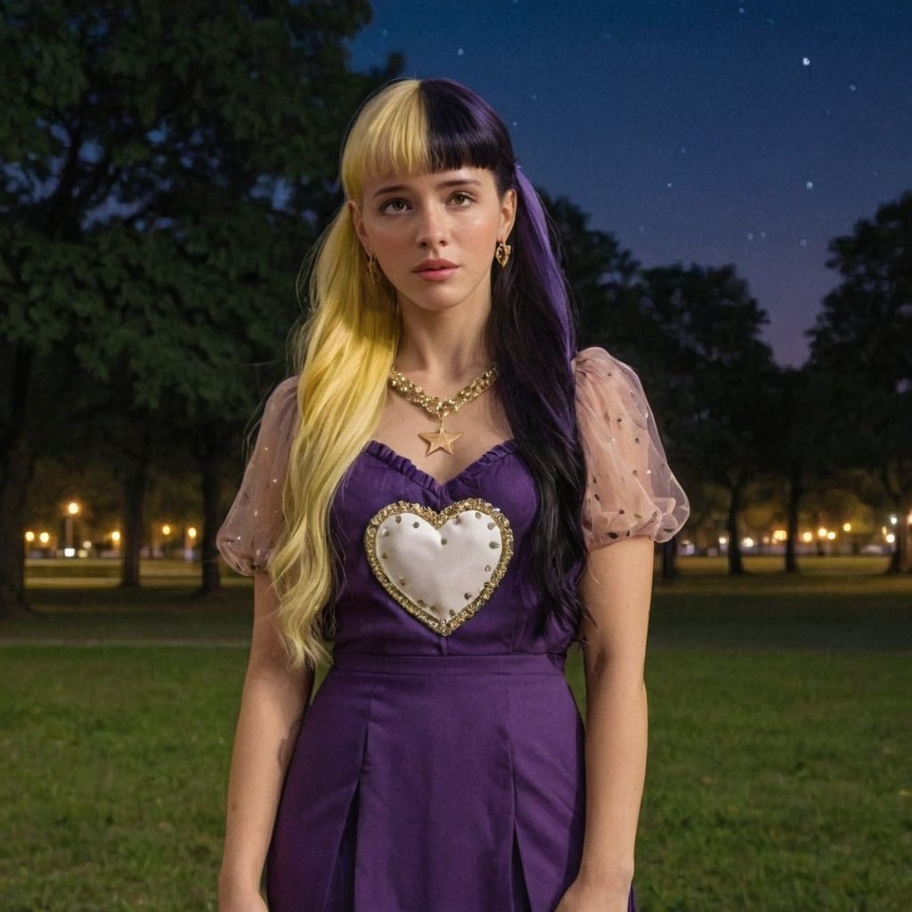 A woman with a purple uniform dress heart with  jewelry, long-hair, mullet hair,in the park,night,split-color hair yellow & black,midnight,park,stars.