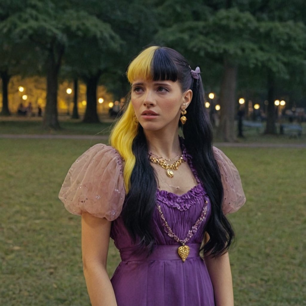 A woman with a purple dress with  jewelry, details, long-hair, mullet hair,in the park,night,split-color hair yellow & black,puppet set