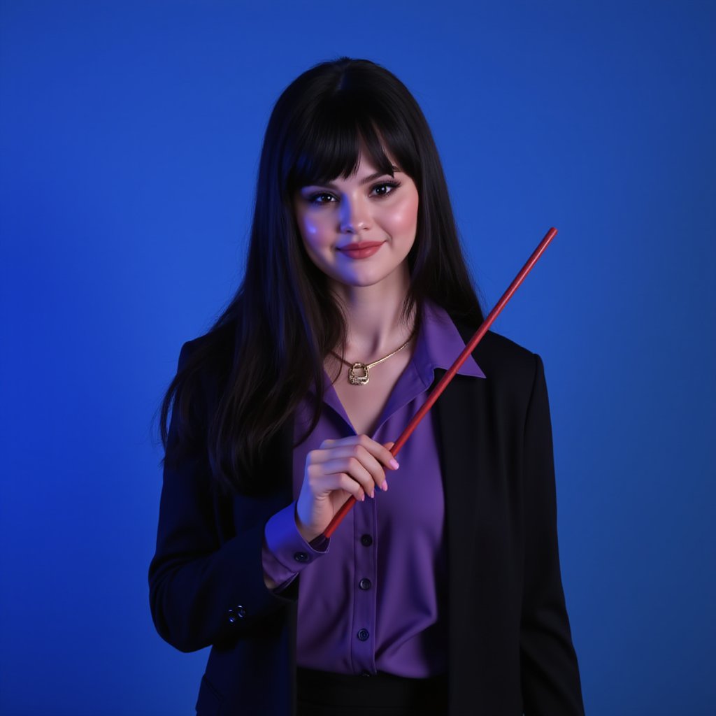 1girl, a woman looking at viewer photoshoot studio, standing, long hair,mullet hair, bangs, black hair, shirt, brown eyes, jewelry, jacket, upper body, smile, indoors, necklace, lips, black jacket, formal, realistic, purple shirt,holding a wand red,background blue photoshoot studio, 4k resolution, a girl,selena gomez face,full_body,fully_dressedhands up,holding a wand red,
,not anime,not glitch face,cinematic scene

