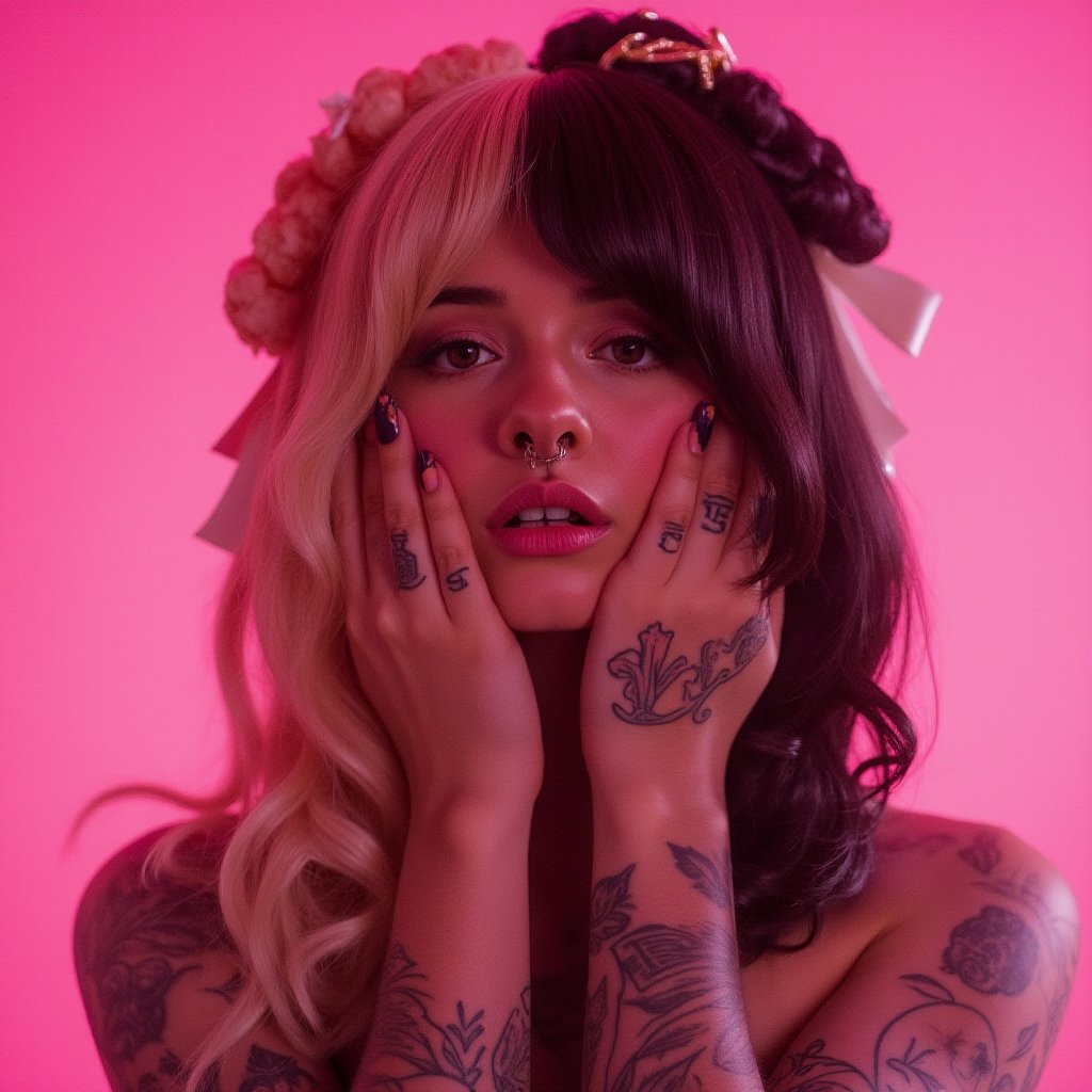 Cinematic scene, high quality, poster, beautiful, realistic, ultrarealistic, real life, a woman with split hair black and blonde, brown eyes in a pink background of a photoshoot, realistic, full_body, tattoos in her arms,not watermark.