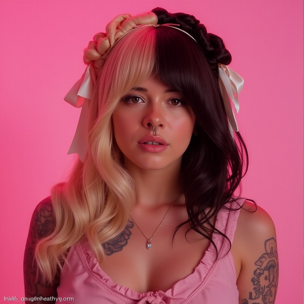 Cinematic scene, high quality, poster, beautiful, realistic, ultrarealistic, real life, a woman with split hair black and blonde, brown eyes in a pink background of a photoshoot, realistic, full_body, tattoos in her arms. 