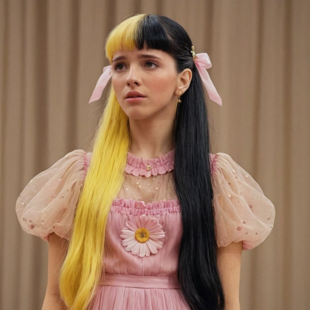 A woman with a pink dress with flowers details, long-hair, mullet hair,in the drama club,split-color hair yellow & black,puppet set