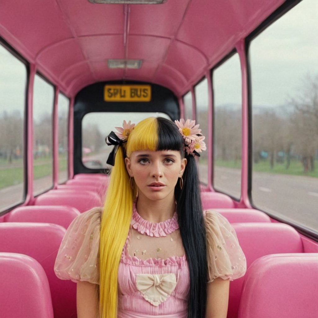 A woman with a pink dress with flowers details, long-hair, mullet hair,in a pink bus,split-color hair yellow & black,puppet set