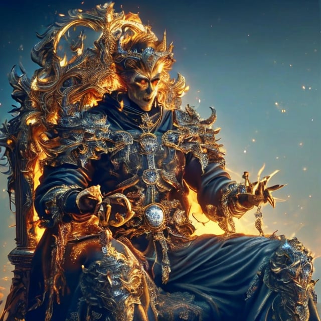 A majestic king sits atop a throne, his crown gleaming in warm golden light. He wears regal attire, with intricate embroidery and precious jewels. His strong jawline is set in determination as he gazes out at a grand kingdom landscape, where rolling hills meet the distant blue skies.,ghostrider,dragon,stworki,moonster,DonMRun3Bl4d3,leviathandef