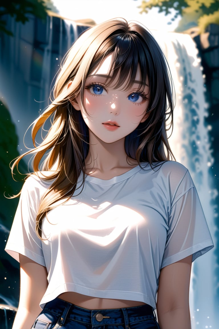 portrait of a beautiful japanses woman, face close-up, hyper detailed eyes, detailed skin with a flawless texture delicate and refined, smooth hair elegantly draped around her neck, full lips, wearing a white t-shirt, and jeans, waterfall in the background, natural lighting accentuates her natural beauty, supersharp focus, bokeh, 35mm film, Kodak film transparent, levity; ultra realistic photo--q 2 --s 750 --v 5 --chaos 4 --q 2
