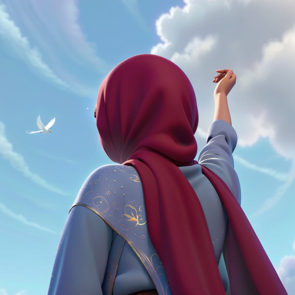 girl from behind, hijab style, She stretched out her right hand, a bird flying in the sky
Disney Pixar style,3D,disney pixar style