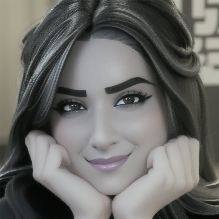 arafed woman with long hair and a black jacket posing for a picture, closeup headshot, 2019, iranian, smile, Nasolabial folds, smile lines, dubai, iranian woman, with kind face, singer, kazakh, around 28 years old, mexican 3d, Disney Pixar style, cartoon style,disney pixar style