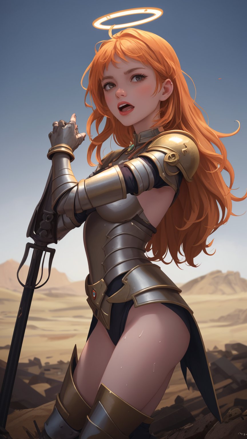bright ginger hair A fierce warrior princess stands victorious amidst the carnage of battle-scarred terrain, her piercing cry echoing through the desolate landscape. She's surrounded by the lifeless bodies of her fallen comrades, their armor and weapons scattered about like a grisly halo. The princess's face contorts in rage as she surveys the devastating aftermath, her golden hair tangled with sweat and tears.,disgusted face
