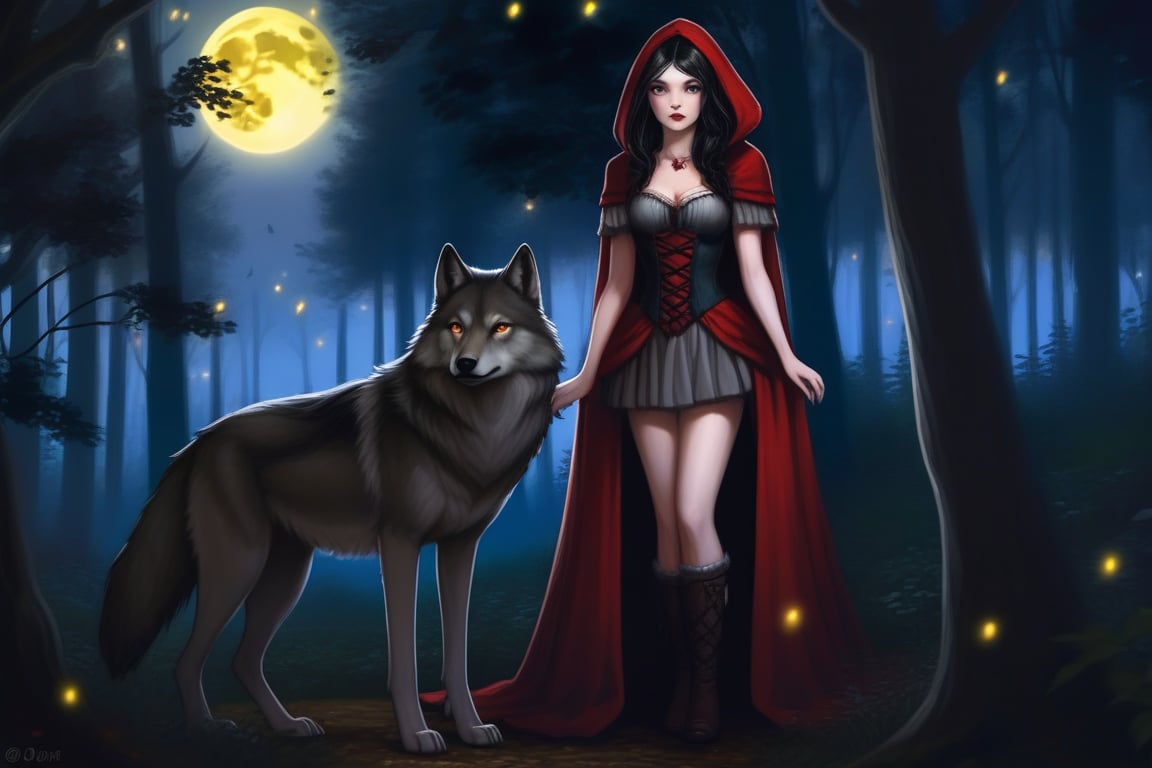 A majestic timber wolf, its fur a deep grey-brown, stands calmly in an eerie twilight woodland clearing, illuminated by the soft glow of fireflies and a full moon peeking through the canopy above. The wolf's piercing yellow eyes seem to gleam with intelligence as it regards a beautiful Gothic-inspired Red Riding Hood, her raven hair styled in an elaborate updo, her crimson cloak draped elegantly across the forest floor.,DonMM1y4XL