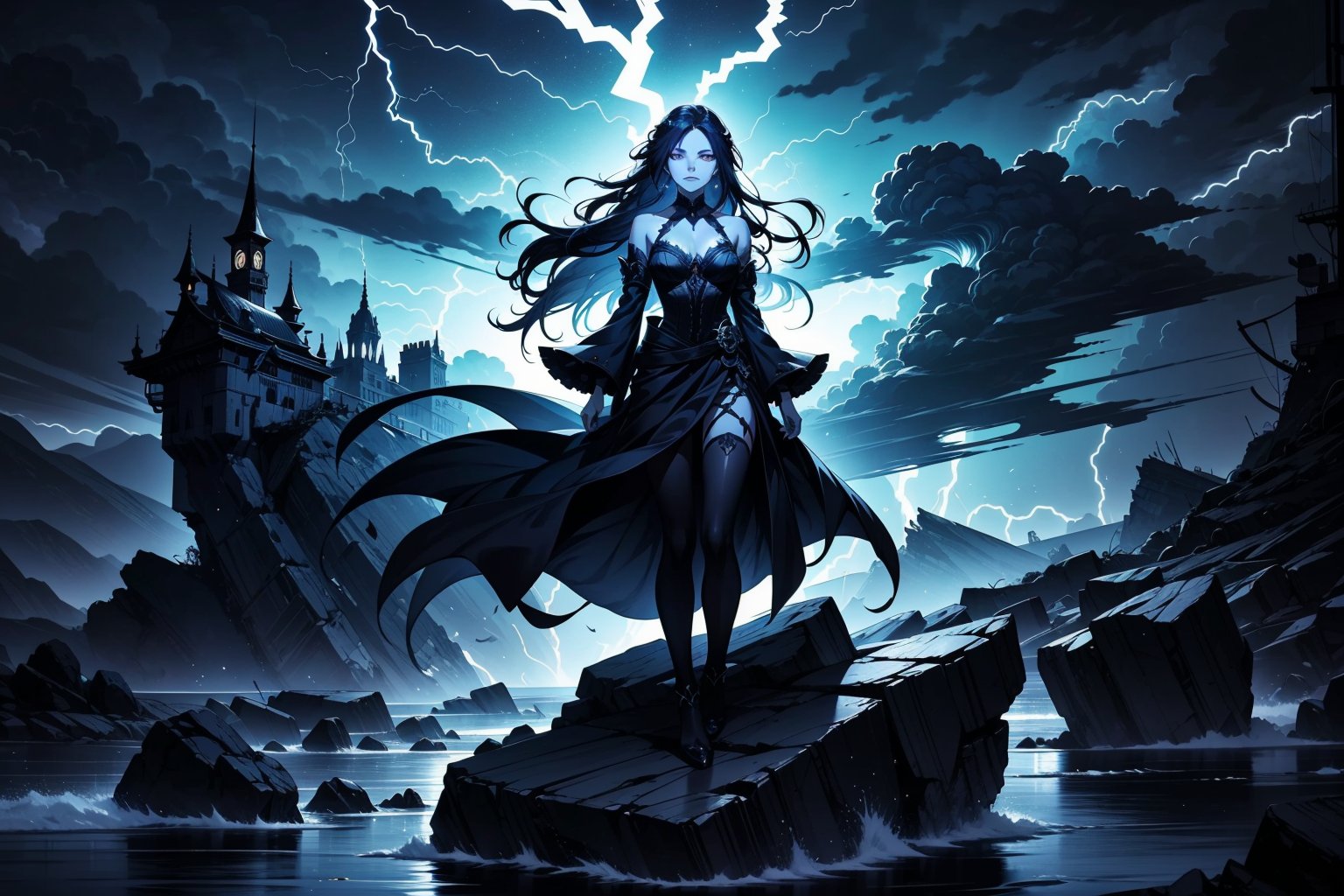 A banshee perches precariously on a windswept rock, her long, ethereal hair whipping wildly in the gusts as she wails with mournful intensity. The stormy evening sky behind her is a deep, foreboding indigo, with flashes of lightning illuminating the dark clouds. She gazes out, her eyes blazing with an otherworldly energy as she summons the potent of death.,DonM0m3g4,shodanSS_soul3142,yunjindef