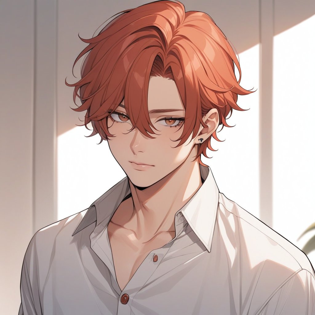 masterpiece, best quality, aesthetic,

1guy, webtoon
 Benjamin has short, red hair and hazel eyes. He wears a button-down shirt,