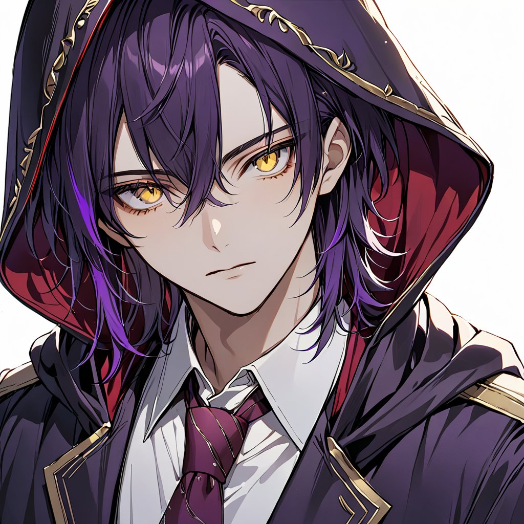 masterpiece, best quality, aesthetic, white background, solo, light yellow eyes, dark purple hair, 1boy, male focus, necktie, hood, night, red necktie