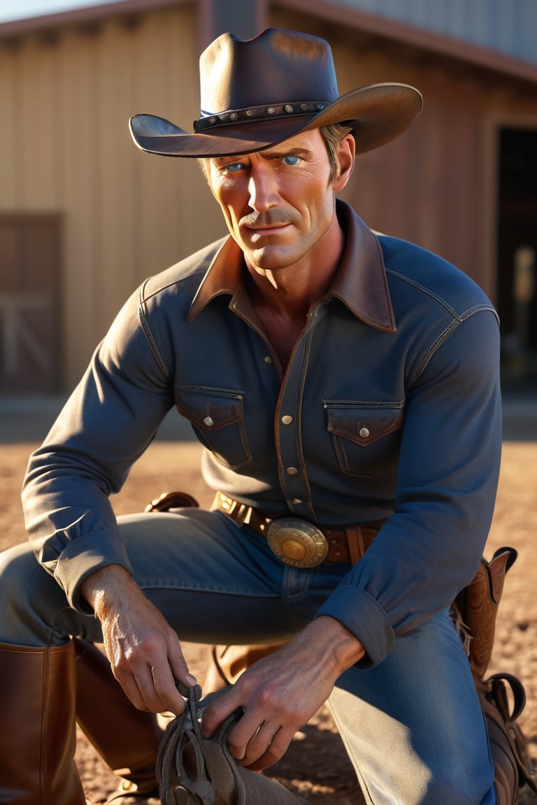 Close-up shot of Woody's ruggedly handsome face, lit by warm sunlight casting a golden glow on his weathered cowboy hat and worn leather boots. His piercing blue eyes gleam with adventure as he gazes directly at the camera, his chiseled jawline set in determination. The ultra-realistic rendering captures every detail of his iconic pull-string cowboy outfit, from the intricate stitching to the subtle wear around the elbows.