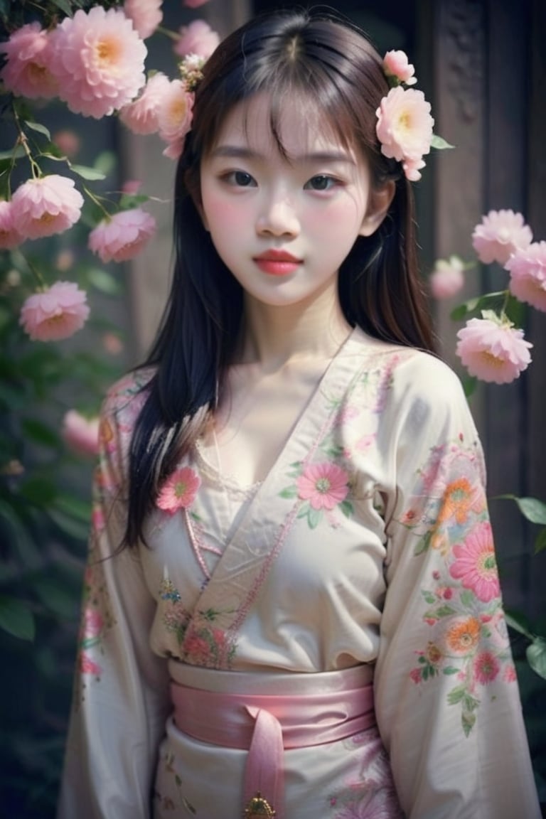 A photo of a beautiful Asian girl, floral motifs, magical, aesthetic 