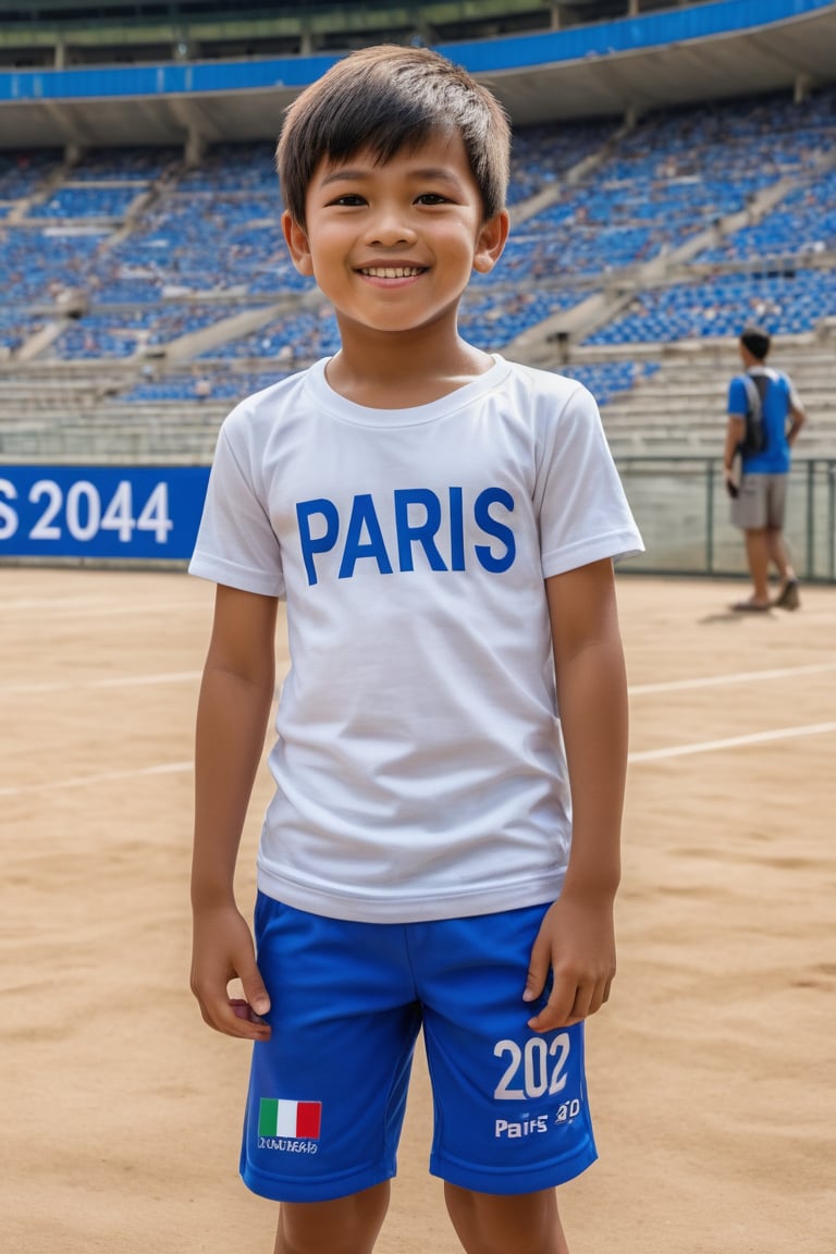 Cowboy shot of a Philippine boy with a small smile, with a white t-shirt (((With the text "PARIS 2024"))), and blue sports shorts, standing in a sports stadium, masterpiece, hdr, high resolution, best quality, masterpiece, photorealistic, photographic quality