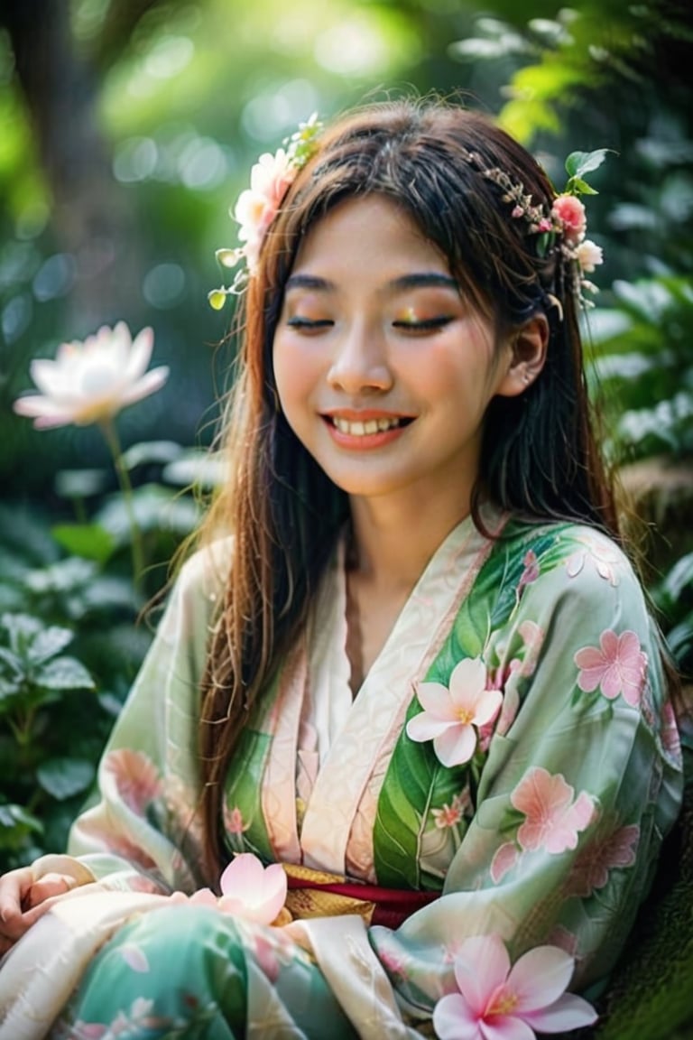 A serene Asian beauty sits amidst lush greenery, adorned with delicate floral patterns on her traditional clothing. Her gentle smile and closed eyes convey a sense of peace as petals surround her like a mystical aura. Soft focus lighting highlights the intricate designs, while subtle bokeh effects add to the whimsical atmosphere. The composition is centered around the subject, with a blurred background featuring lush foliage, transporting viewers to an enchanted realm.