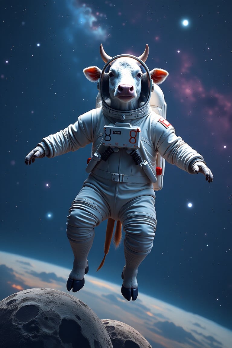 Cow astronaut floating effortlessly, distant galaxies as backdrop, jugged moon in foreground, cosmic expanse, soft ethereal lighting, serene expression, hooves outstretched, space helmet reflecting stars, composition centered, deep blue and purple hues, intricate nebula details, wide-angle shot, otherworldly atmosphere.