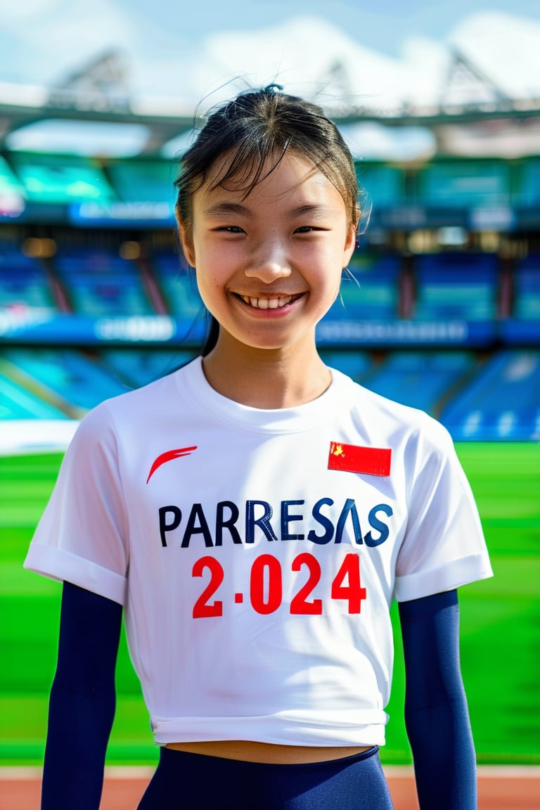 A dynamic portrait of a young Asian ballet girl standing confidently against a stunning green stadium backdrop, with the words PARIS 2024 emblazoned on his white t-shirt. Her bright smile radiates excitement and determination as he directly addresses the camera lens in the stadium, her figure is set against a brilliant blue sky, capturing the essence of youthful enthusiasm and athletic spirit.