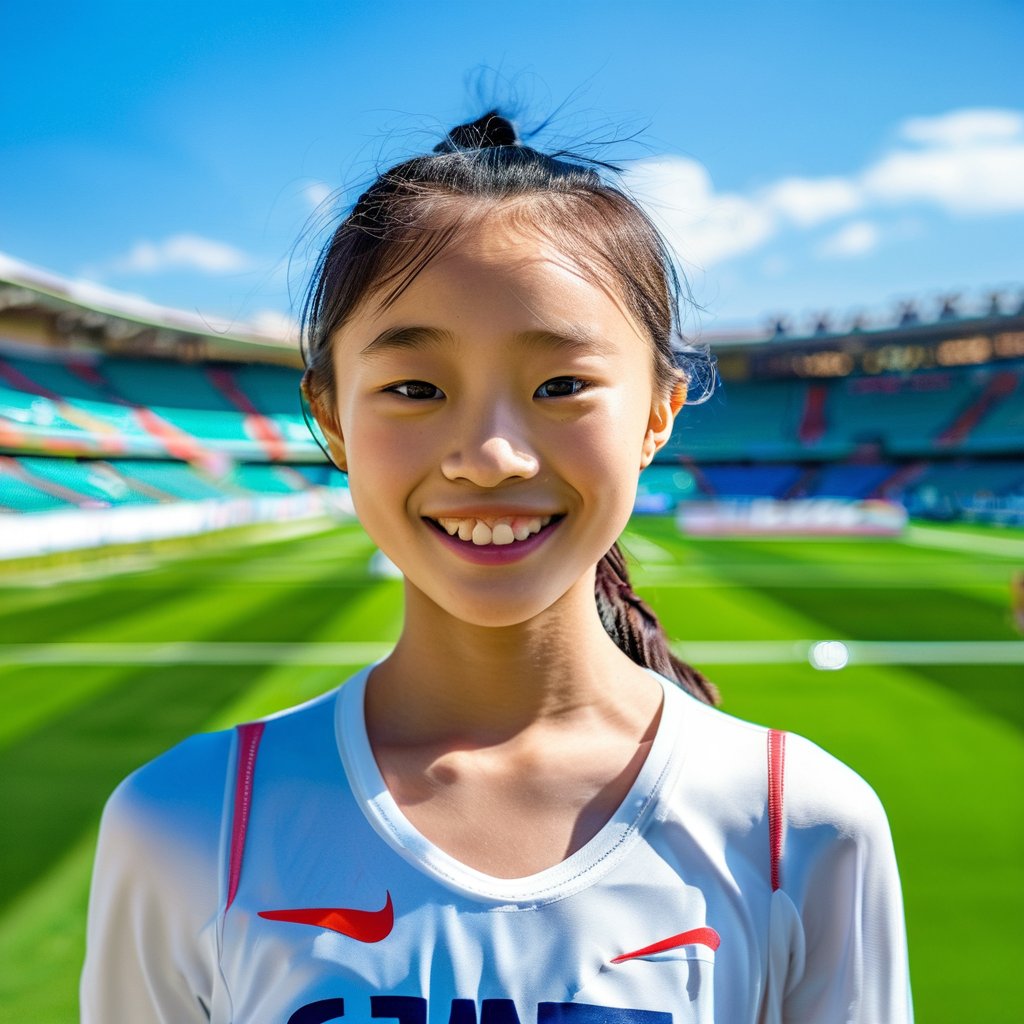 A dynamic portrait of a young Asian ballet girl standing confidently against a stunning green stadium backdrop, with the words PARIS 2024 emblazoned on his white t-shirt. Her bright smile radiates excitement and determination as he directly addresses the camera lens in the stadium, her figure is set against a brilliant blue sky, capturing the essence of youthful enthusiasm and athletic spirit.