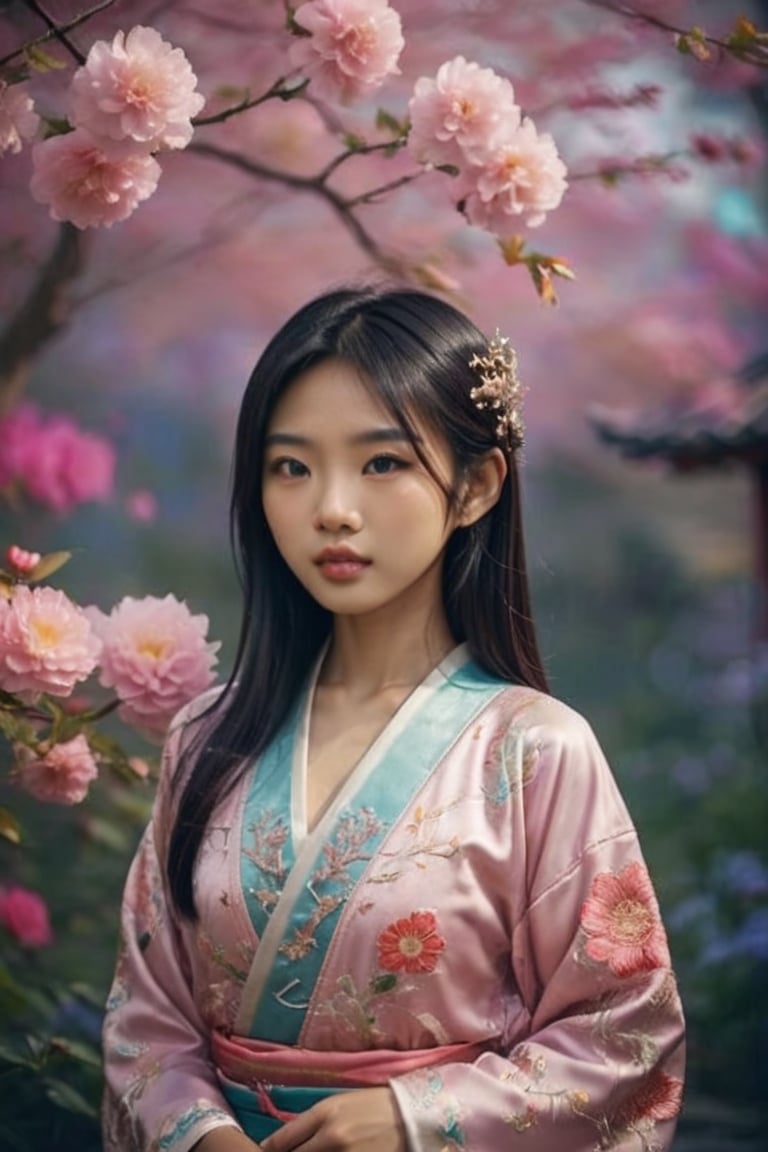 A photo of a beautiful Asian girl, floral motifs, magical, aesthetic 